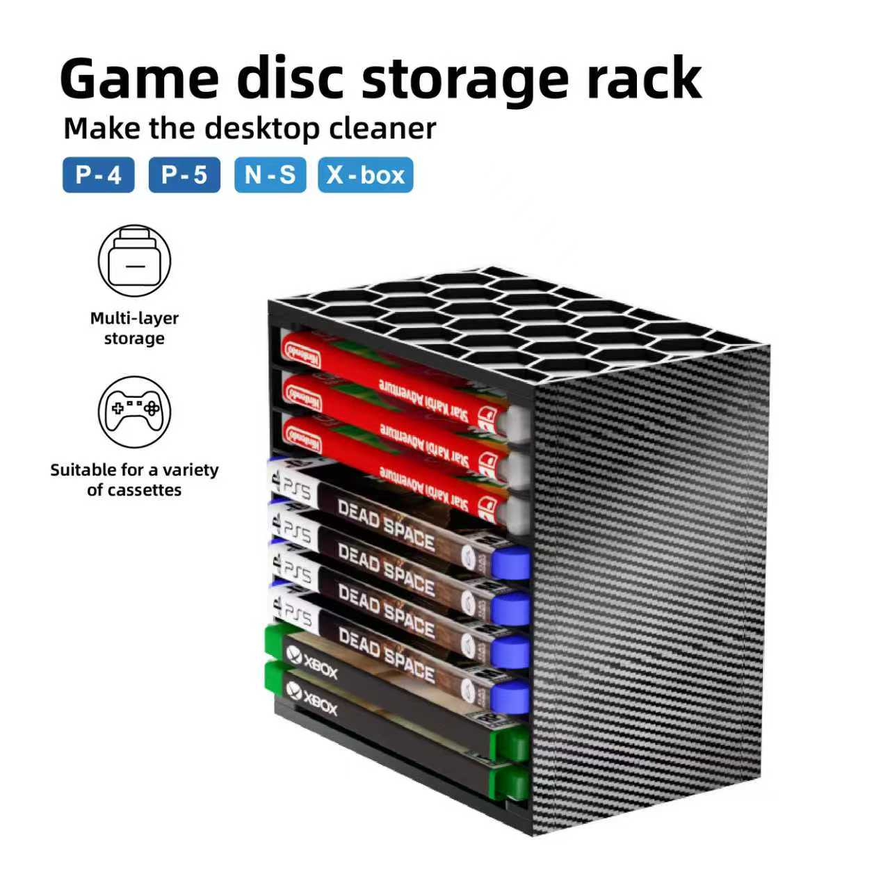 Gaming Console Organizer - Meerlaags opbergrek voor gamecassettes, desktop-game-disk-organizer voor